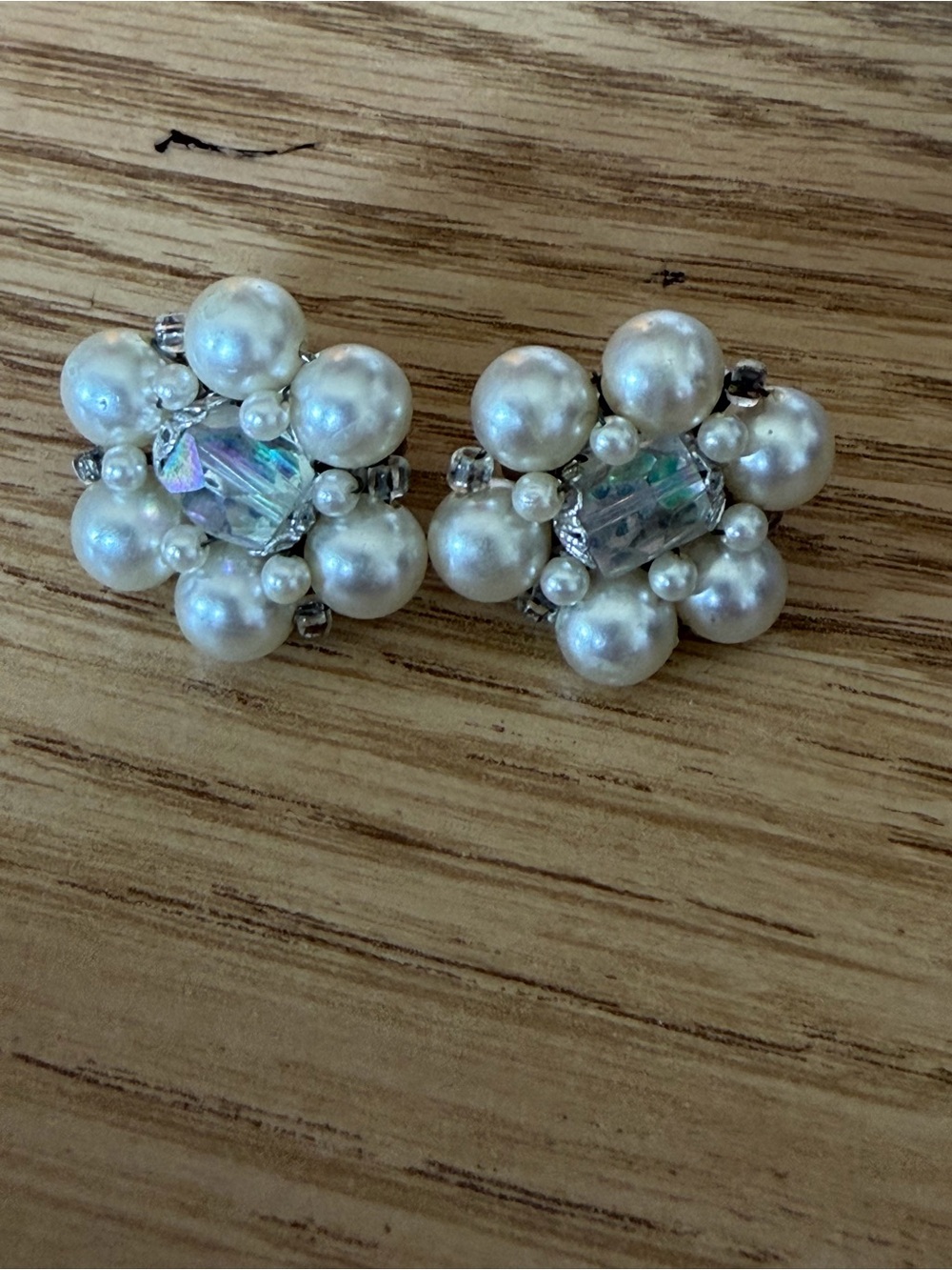 Vintage Japan Faux Pearl and Aurora Borealis Crystal Cluster Clip-On Earrings